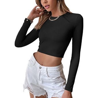 Women's Long Sleeve Tops Backless Casual Cropped Slim Blouse Thermal Pullover