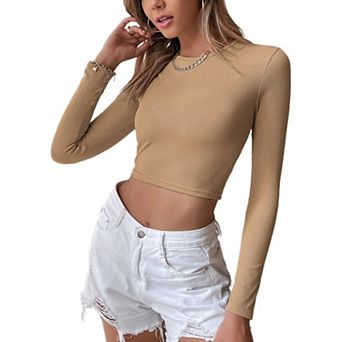 Women's Long Sleeve Tops Backless Casual Cropped Slim Blouse Thermal Pullover