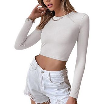 Women's Long Sleeve Tops Backless Casual Cropped Slim Blouse Thermal Pullover