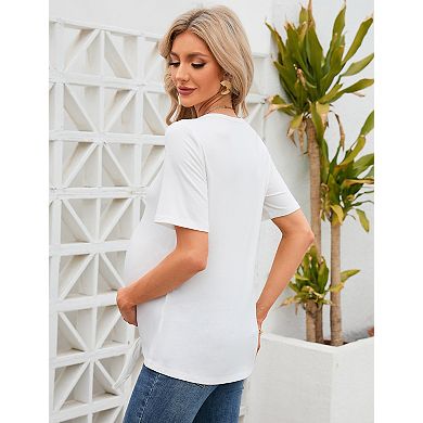 Womens Dressy Casual Summer Maternity Blouse V Neck Short Sleeve Button Down Knot Basic Shirts