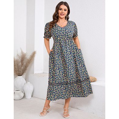 Women's Plus Size V Neck High Waist Printed Midi Dress with Pockets
