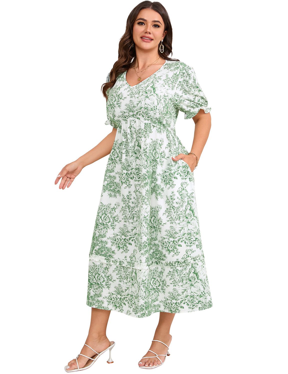 Женские платья Plus Size V Neck High Waist Printed Midi Dress with Pockets