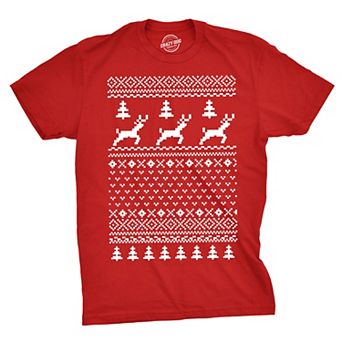 Reindeer Ugly Christmas Sweater T Shirt Funny Holiday Party Vintage Pattern Tee
