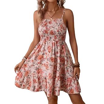 Women's Shirred Ruffle A Line Spaghetti Strap Sleeveless Dresses Floral Printing Beach Dress