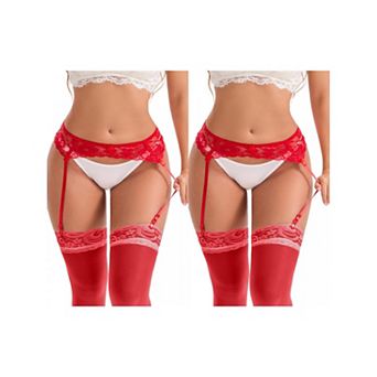 2 Packs Women's Hollow Lace Adjustable Lightweight Garter Belts with Four Clips Stockings Suspender