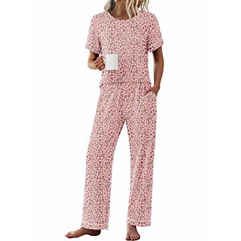 Ekouaer Womens Pajama Sets Short Sleeve Top and Pants 2 pc Pjs Soft Sleepwear Comfy Lounge Set
