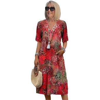 Women Casual Sleeveless Midi Pleated Tank Sundress with Pockets V Neck A Line Swing Tshirt Dress