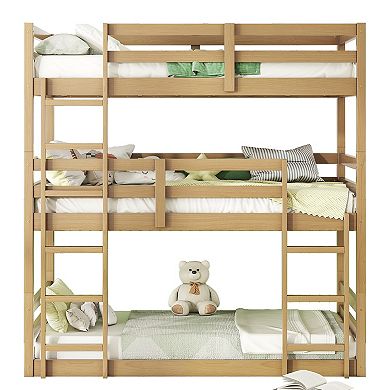 KWPZQEB American Design Rubber Wood Triple Bunk Bed with Built-in Ladders, Guardrails, Detachable