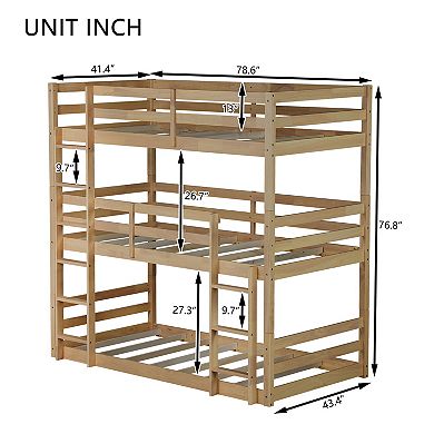 KWPZQEB American Design Rubber Wood Triple Bunk Bed with Built-in Ladders, Guardrails, Detachable
