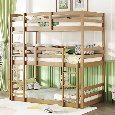KWPZQEB American Design Rubber Wood Triple Bunk Bed with Built-in Ladders, Guardrails, Detachable