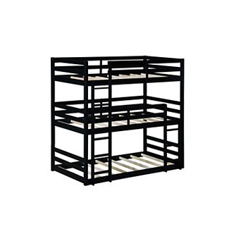 KWPZQEB American Design Rubber Wood Triple Bunk Bed with Built-in Ladders, Guardrails, Detachable