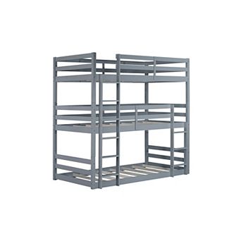 KWPZQEB American Design Rubber Wood Triple Bunk Bed with Built-in Ladders, Guardrails, Detachable