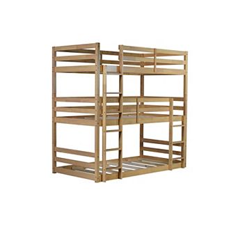 KWPZQEB American Design Rubber Wood Triple Bunk Bed with Built-in Ladders, Guardrails, Detachable