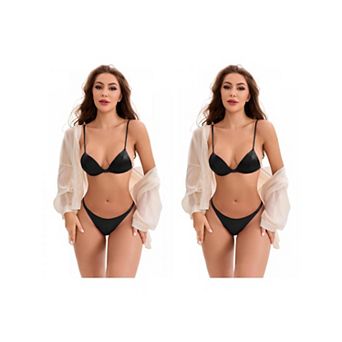 2 Packs Women's Satin Front Closure Spaghetti Straps Plunge Wirefree Triangle Bra No Show Thong Set