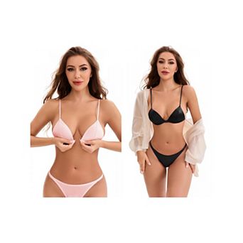 2 Packs Women's Satin Front Closure Spaghetti Straps Plunge Wirefree Triangle Bra No Show Thong Set