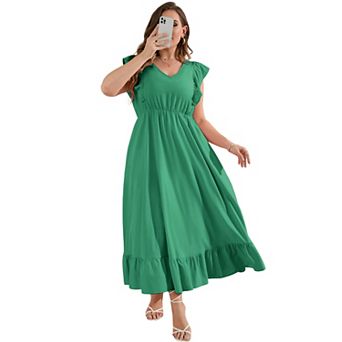 Summer Casual Plus Size Dress Women's Ruffle Trim V-Neck Maxidress with Pockets