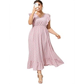 Summer Casual Plus Size Dress Women's Ruffle Trim V-Neck Maxidress with Pockets