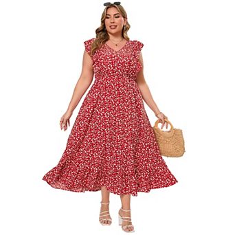 Summer Casual Plus Size Dress Women's Ruffle Trim V-Neck Maxidress with Pockets