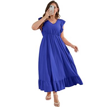 Summer Casual Plus Size Dress Women's Ruffle Trim V-Neck Maxidress with Pockets