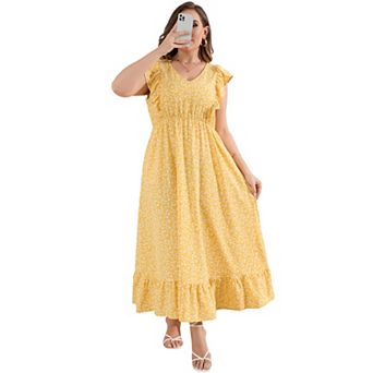 Summer Casual Plus Size Dress Women's Ruffle Trim V-Neck Maxidress with Pockets