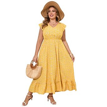 Summer Casual Plus Size Dress Women's Ruffle Trim V-Neck Maxidress with Pockets