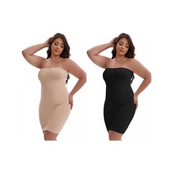 2 Packs Women's Push-Up Strapless Bandeau Petticoat Tummy Control Hip-Lifting Slim Fit Full Slip