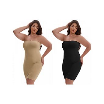 2 Packs Women's Push-Up Strapless Bandeau Petticoat Tummy Control Hip-Lifting Slim Fit Full Slip