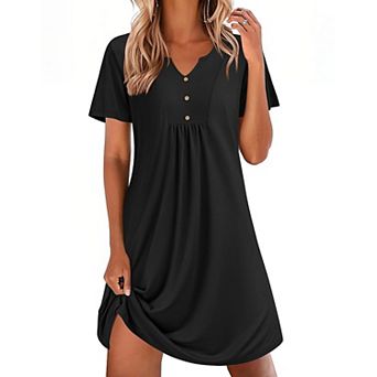 Ekouaer Nightgowns for Women Cotton Night Gowns Pleated Nightshirts Henley V Neck Sleepshirts Short