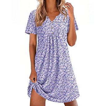 Ekouaer Nightgowns for Women Cotton Night Gowns Pleated Nightshirts Henley V Neck Sleepshirts Short