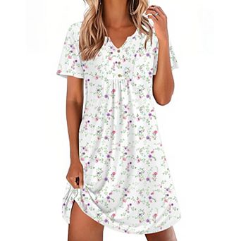Ekouaer Nightgowns for Women Cotton Night Gowns Pleated Nightshirts Henley V Neck Sleepshirts Short