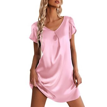Ekouaer Women's Satin Nightgown Short Sleeve Sleepdress V-Neck Sleepwear Loose Silk Sleepshirt
