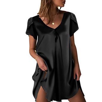Ekouaer Women's Satin Nightgown Short Sleeve Sleepdress V-Neck Sleepwear Loose Silk Sleepshirt