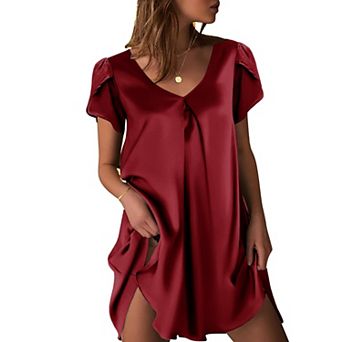 Ekouaer Women's Satin Nightgown Short Sleeve Sleepdress V-Neck Sleepwear Loose Silk Sleepshirt