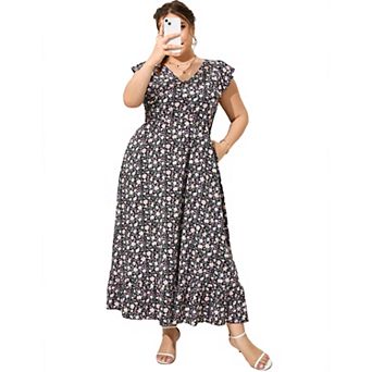 Women's Ruffle Sleeve V-Neck Maxi Dress Plus Size Casual Pocket Summer Dress