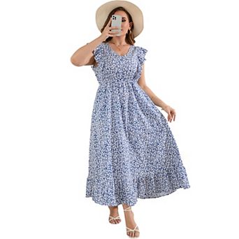Women's Ruffle Sleeve V-Neck Maxi Dress Plus Size Casual Pocket Summer Dress
