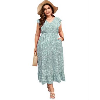 Women's Ruffle Sleeve V-Neck Maxi Dress Plus Size Casual Pocket Summer Dress