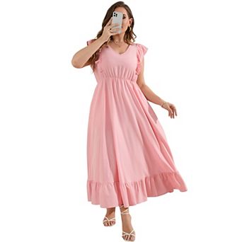 Women's Ruffle Sleeve V-Neck Maxi Dress Plus Size Casual Pocket Summer Dress
