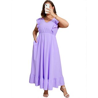 Women's Ruffle Sleeve V-Neck Maxi Dress Plus Size Casual Pocket Summer Dress