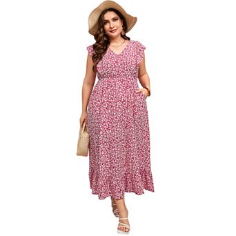 Women's Ruffle Sleeve V-Neck Maxi Dress Plus Size Casual Pocket Summer Dress