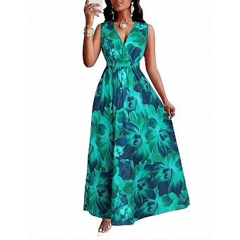 Seoria Sleeveless V Neck Maxi Dress with Belt Abstract Print Fit and Flare Party Dress