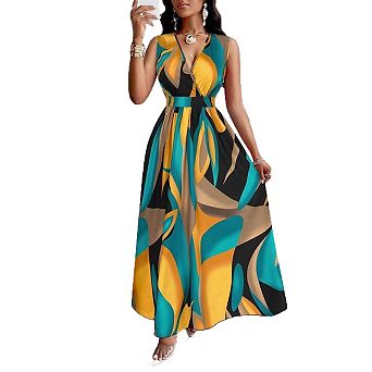 Seoria Sleeveless V Neck Maxi Dress with Belt Abstract Print Fit and Flare Party Dress