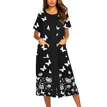 Ekouaer Robes For Women Zipper Front Bathrobe Short Sleeve House Coat Long Nightgown With Pockets