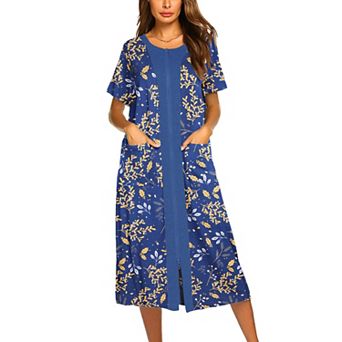 Ekouaer Robes For Women Zipper Front Bathrobe Short Sleeve House Coat Long Nightgown With Pockets