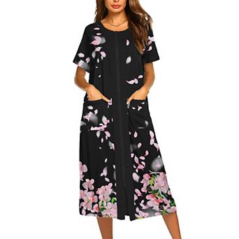 Ekouaer Robes For Women Zipper Front Bathrobe Short Sleeve House Coat Long Nightgown With Pockets