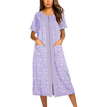 Ekouaer Robes For Women Zipper Front Bathrobe Short Sleeve House Coat Long Nightgown With Pockets