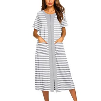 Ekouaer Robes For Women Zipper Front Bathrobe Short Sleeve House Coat Long Nightgown With Pockets