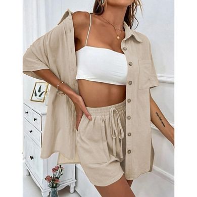 Women's 2 Piece Sets Short Sleeve Button Down Shirt Drawstring Waist Shorts Causal Loungewear Set