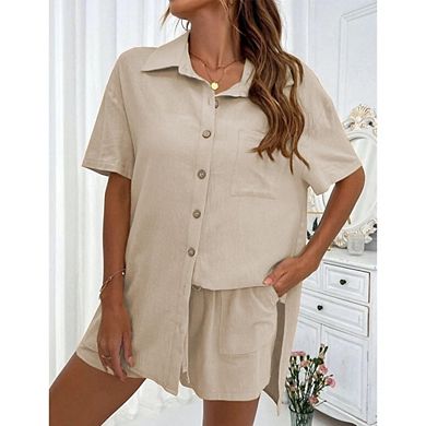 Women's 2 Piece Sets Short Sleeve Button Down Shirt Drawstring Waist Shorts Causal Loungewear Set
