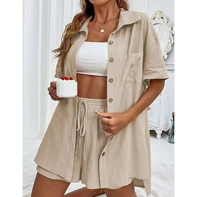 Women's 2 Piece Sets Short Sleeve Button Down Shirt Drawstring Waist Shorts Causal Loungewear Set
