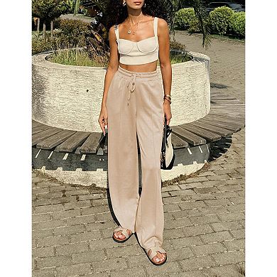 Pinspark Women's High Waisted Drawstring Wide Leg Track Pants Loose Casual Sweatpants with Pocket